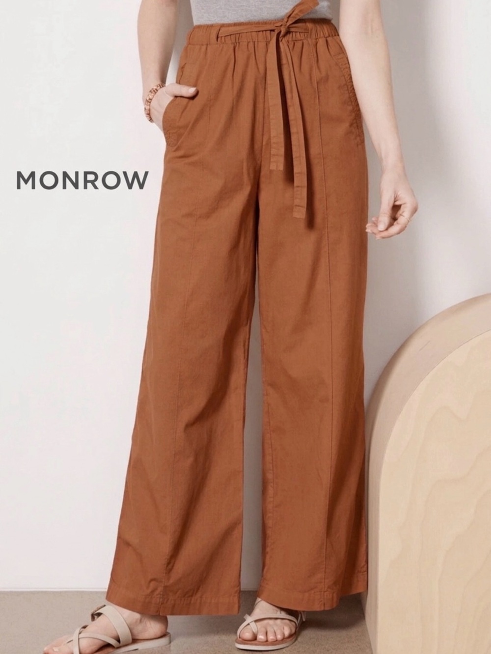 Monrow Stretch Poplin Wide-Leg Tie Waist Utility Pants - M